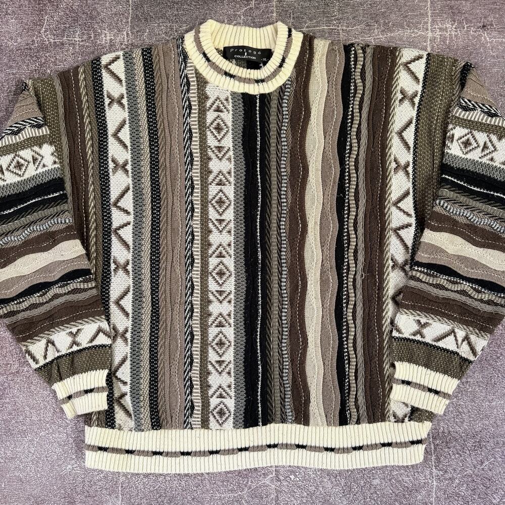 Men's Vintage 90's Protege Ivory White Brown Coogi Like Crewneck Sweater Sz XL